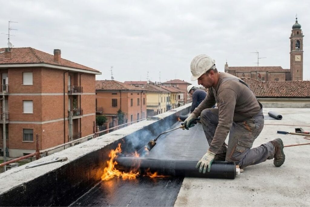 Posa professionale di guaina bituminosa impermeabilizzante su copertura piana con utilizzo di cannello a fiamma per garantire la perfetta aderenza.